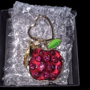 Betsey Johnson Red Crystal Apple Keychain with Gold and Green Accents